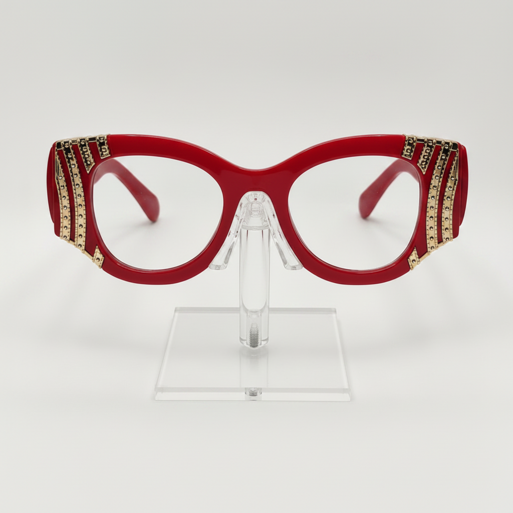 Red cat-eye eyeglasses with gold rhinestone embellishments on the temples, displayed on a clear acrylic stand against a white background.