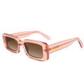 Pink sunglasses with a brand logo on a white background