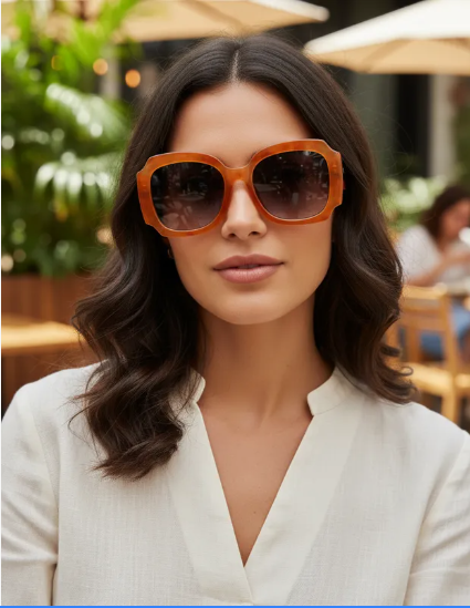 Woman wearing orange sunglasses outdoors with blurred background