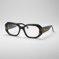 Black eyeglasses with gold accents on a white background