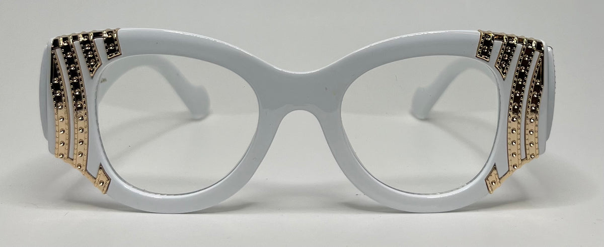 Silver cat-eye glasses with decorative elements on a gray background
