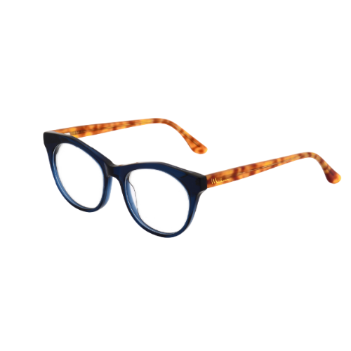 Eyeglasses with blue frame and tortoiseshell arms on a white background