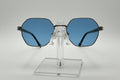 Blue sunglasses on a clear stand against a white background