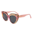 Cat-eye sunglasses with a translucent pink and tortoiseshell acetate frame and dark gray lenses, featuring a gold 'Mulan' logo on the temple arm.