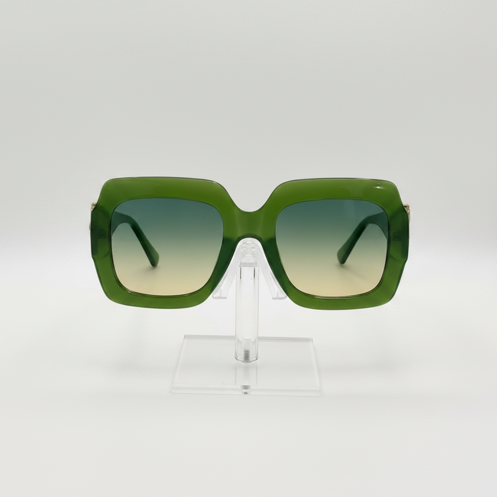 Green oversized square sunglasses with gradient lenses, displayed on a clear acrylic stand against a white background.