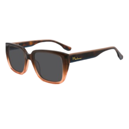 Sunglasses with tortoiseshell frame and dark lenses on a white background
