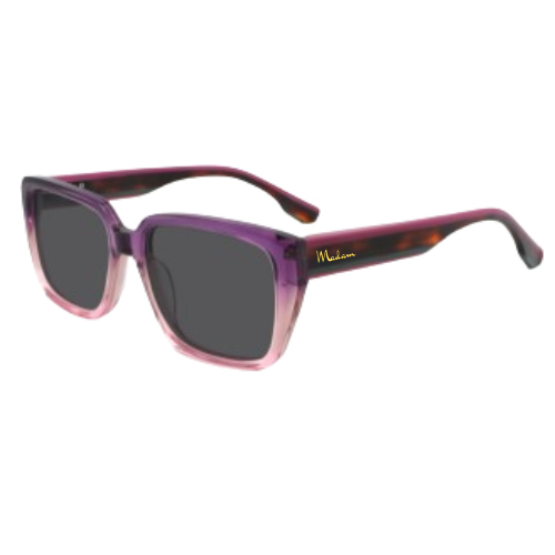Sunglasses with purple frame and dark lenses on a white background