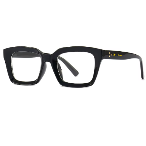 Black eyeglasses with a clear lens on a white background