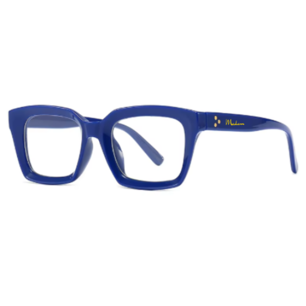 Blue acetate square eyeglasses with clear lenses and a gold 'Miklon' logo on the temple arm, shown against a plain white background.