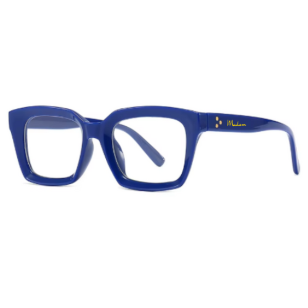 Blue acetate square eyeglasses with clear lenses and a gold 'Miklon' logo on the temple arm, shown against a plain white background.