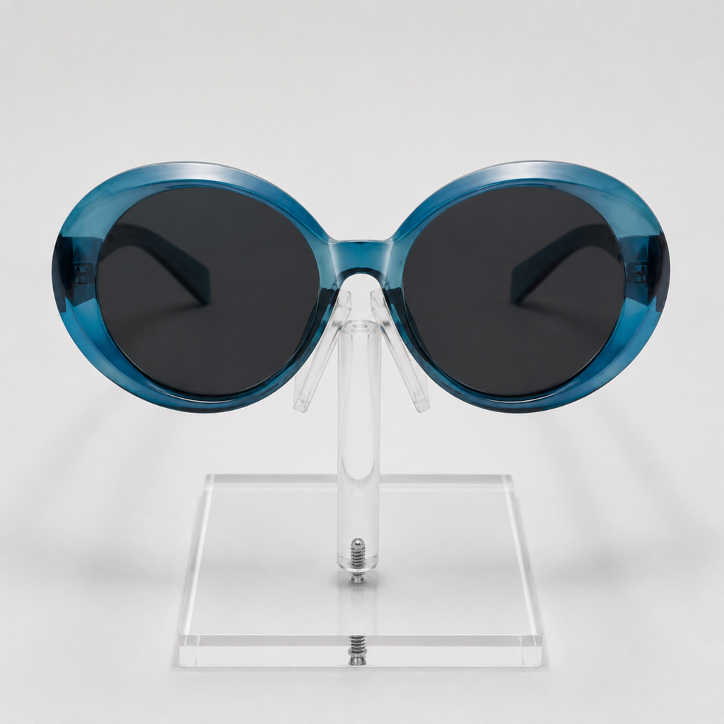 Oval sunglasses with translucent blue frames and dark gray lenses, displayed on a clear acrylic stand against a light gray background.