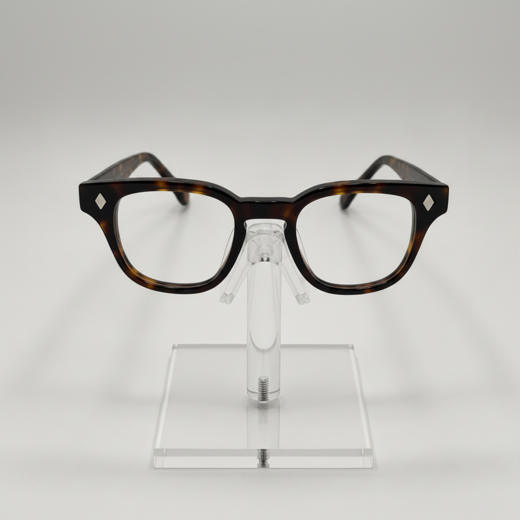 A pair of classic-style eyeglasses with a dark brown and black tortoiseshell acetate frame, displayed on a clear acrylic stand against a light gray background.