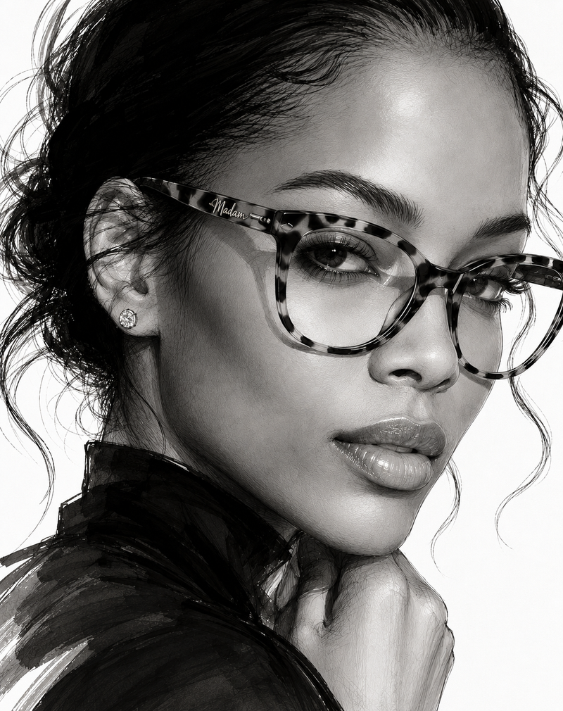 A black and white portrait of a woman wearing cat-eye eyeglasses with a tortoiseshell pattern, set against a plain white background.