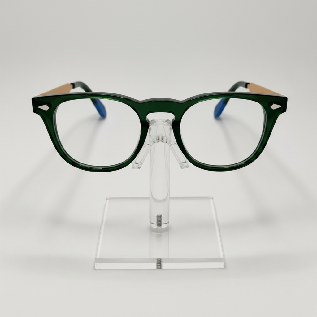 Dark green acetate eyeglass frames with light wood-look temples and blue temple tips, displayed on a clear acrylic stand against a light gray background.