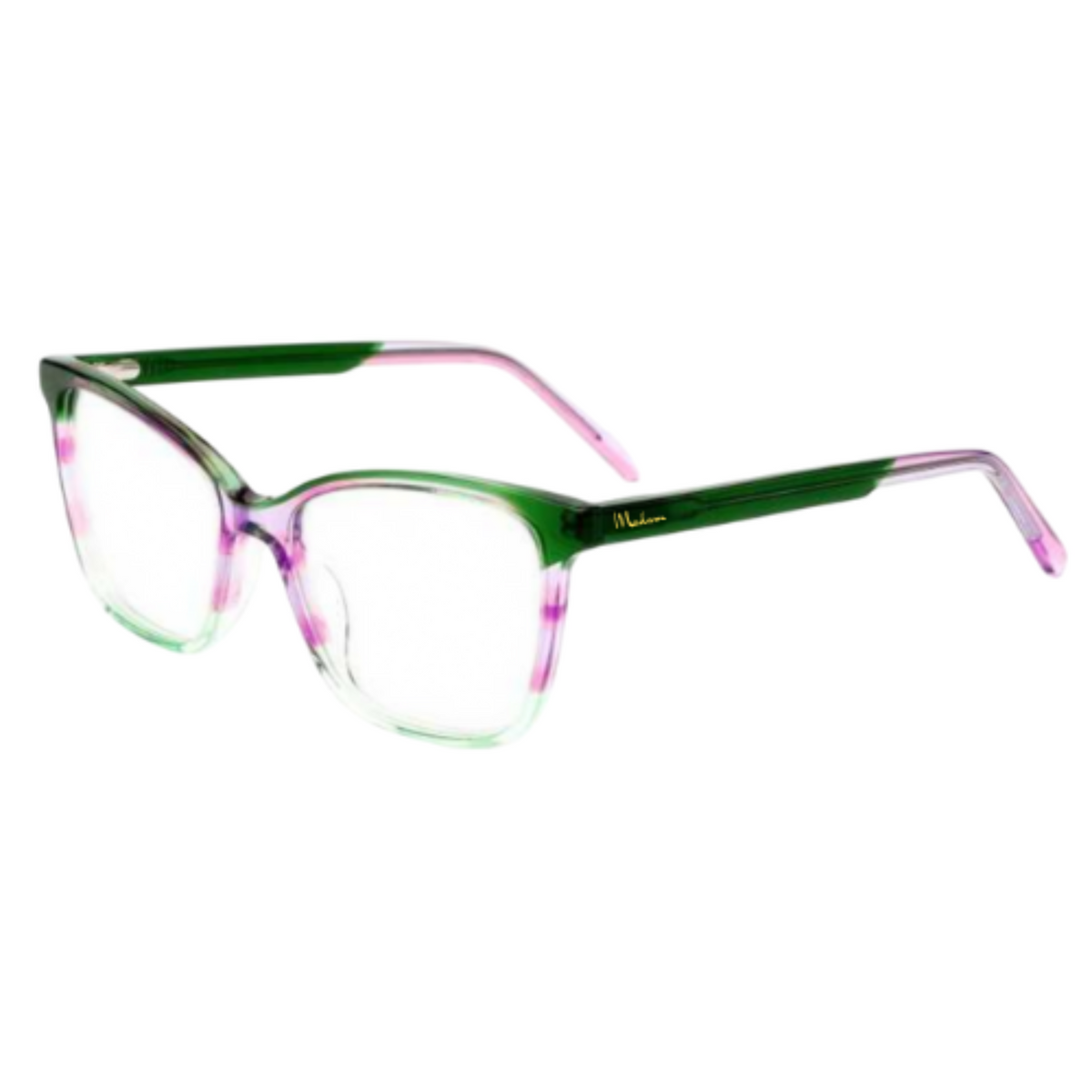 Green and pink eyeglasses on a white background