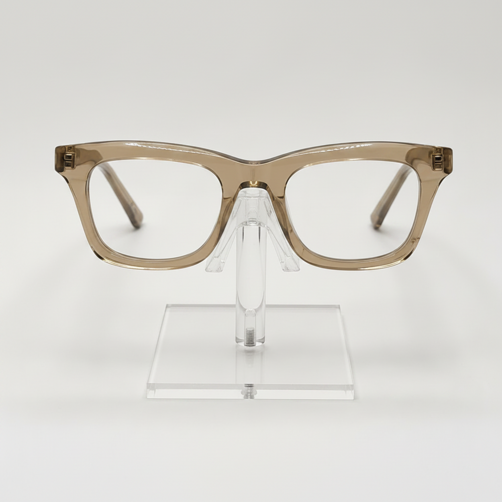 A pair of chunky, oversized square eyeglass frames in a translucent warm taupe-brown acetate, displayed on a clear acrylic stand against a clean white background.