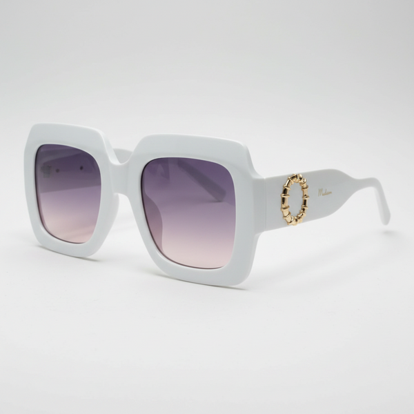 White sunglasses with a decorative arm on a white background