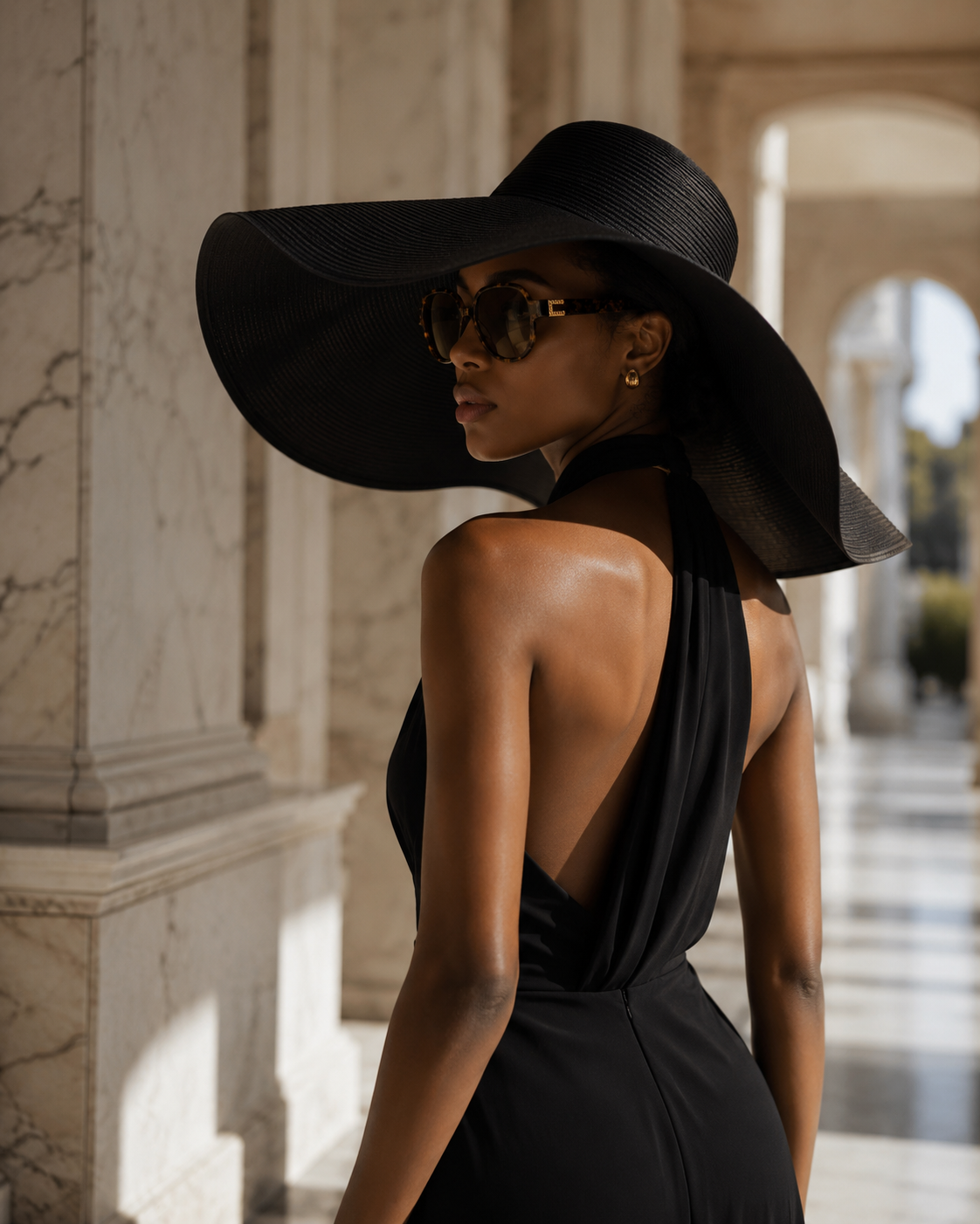 A woman in a black halter dress, large black sun hat, and sunglasses, photographed from behind in a sunlit marble colonnade.