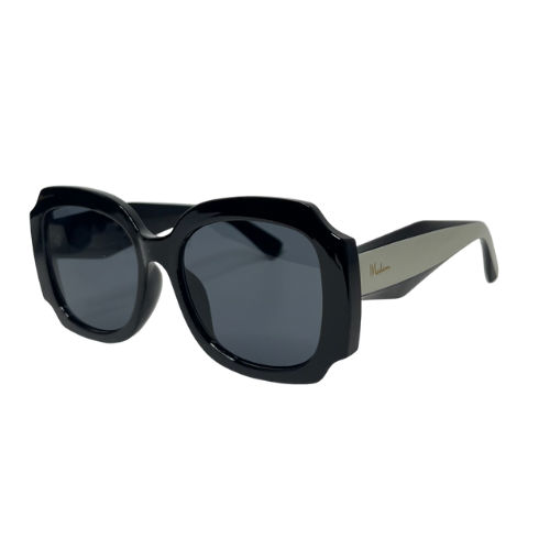 Black sunglasses with a brand logo on a white background