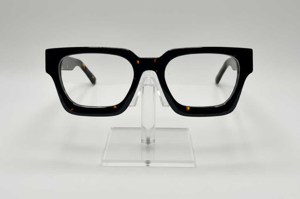 Black square eyeglasses with a subtle tortoiseshell pattern on the inner temples, displayed on a clear acrylic stand against a light gray background.