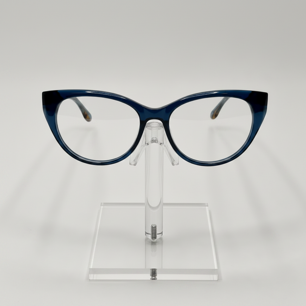 Crazy cat-eye eyeglasses with a dark blue acetate frame, displayed on a clear acrylic stand against a light gray background.