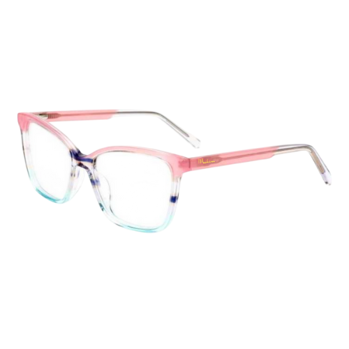 Pink and clear eyeglasses on a white background