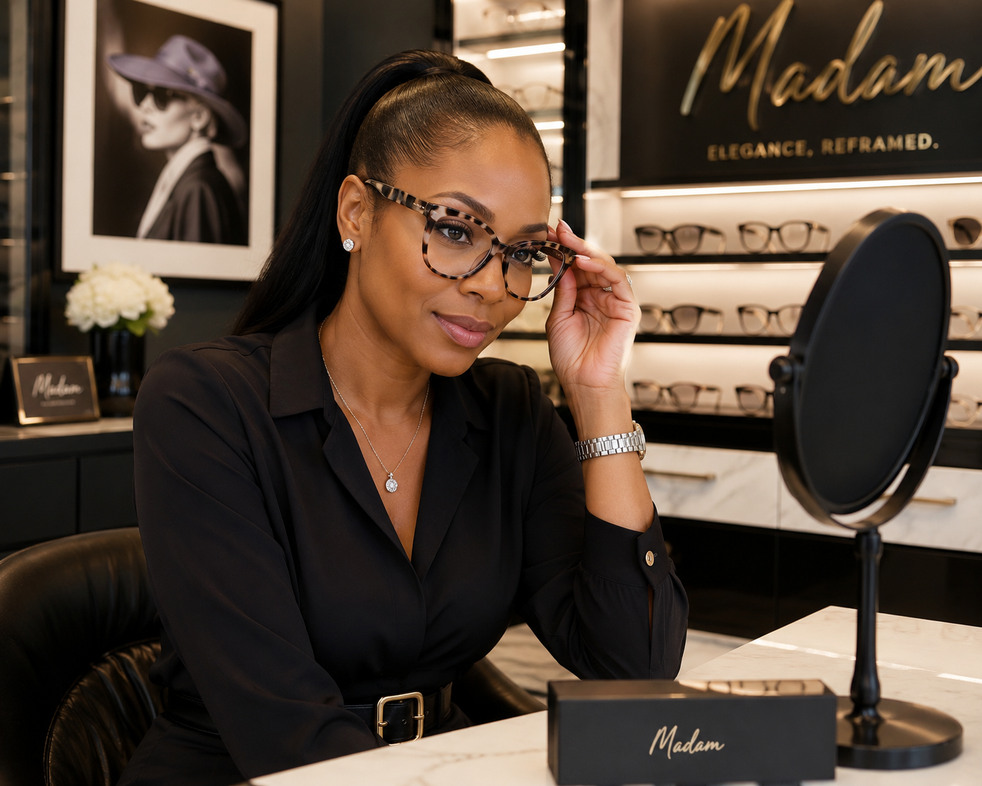 A woman in a black blouse sits at a table in an eyewear boutique, holding the temple of a玳玳 cat-eye eyeglass. A round mirror and a black Madam brand box are on the table in front of her, with Madam branding visible on the wall behind her.