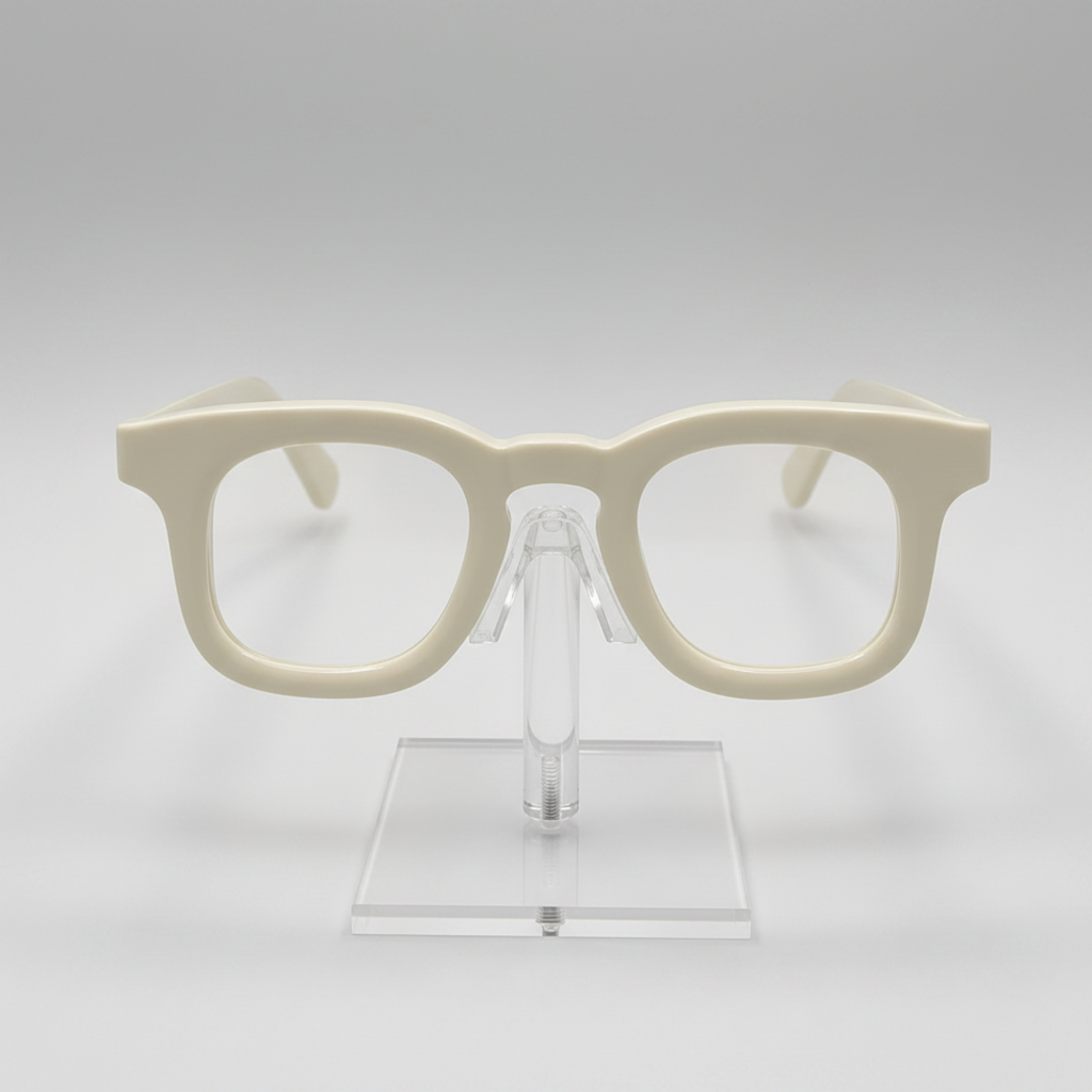Cream-colored thick-rimmed eyeglasses displayed on a clear acrylic stand against a light gray background.